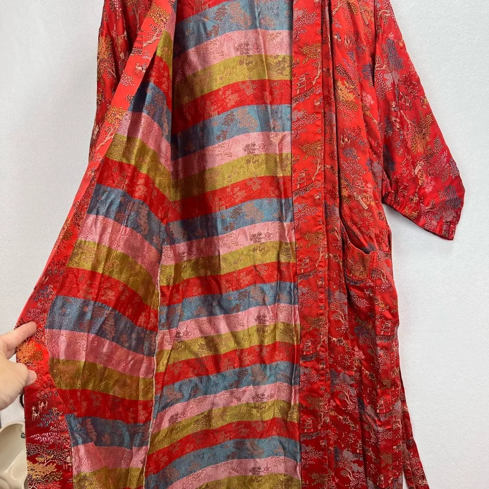 Chinese Silk Traditional Robe Red Size Large Tie Waist Long Kimono - Picture 8 of 11